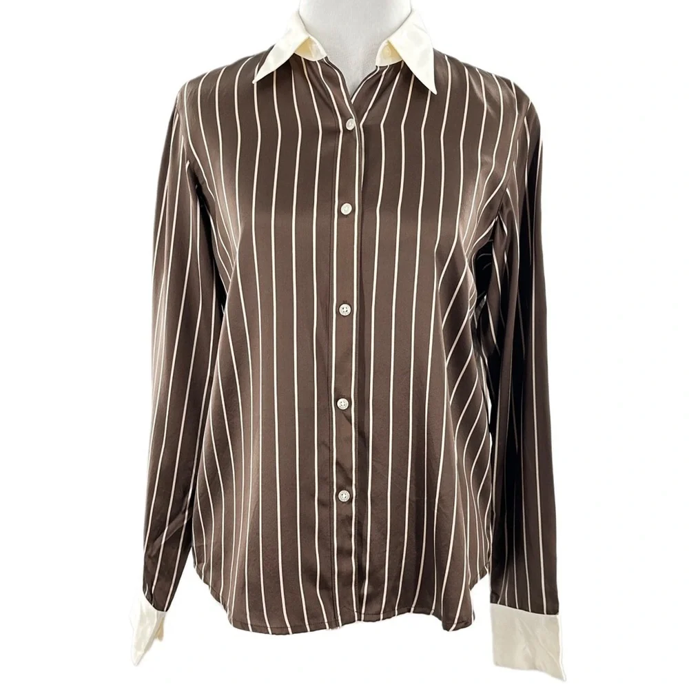 Lauren Ralph Lauren button down top 4P 100% silk brown cream stripes career